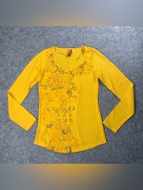 Apple Bottoms Yellow Long-Sleeve V-Neck Top with Paisley Scroll Design